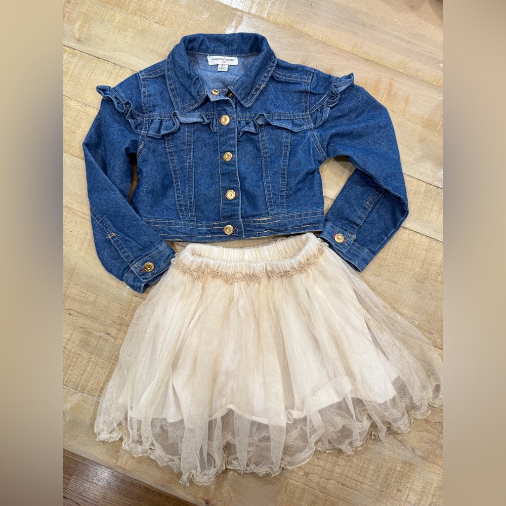 Girls Nanette Lepore denim jacket Zara gold puffy skirt